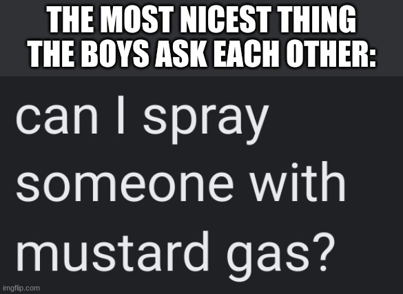 the boy's nicest question to each other. | THE MOST NICEST THING THE BOYS ASK EACH OTHER: | image tagged in memes,the boys,mustard,gas,death,october | made w/ Imgflip meme maker