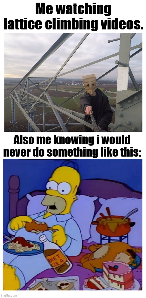 Watching daredevils | Me watching lattice climbing videos. Also me knowing i would never do something like this: | image tagged in watching tv,lattice climbing,homer simpson,the simpsons,memes,meme | made w/ Imgflip meme maker