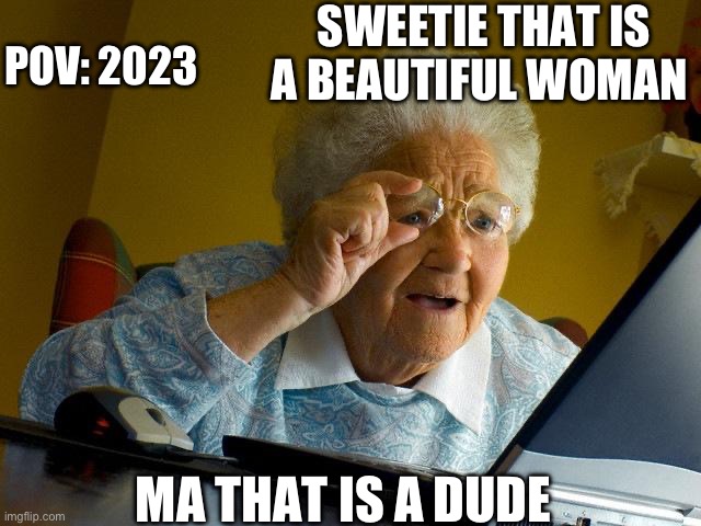 Pov: 2023 | SWEETIE THAT IS A BEAUTIFUL WOMAN; POV: 2023; MA THAT IS A DUDE | image tagged in memes,grandma finds the internet | made w/ Imgflip meme maker