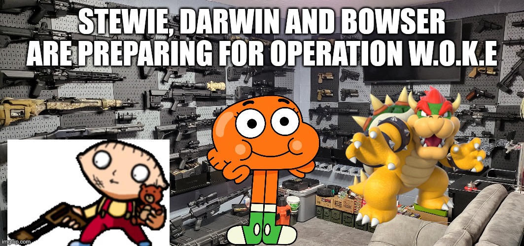 Almost ready | STEWIE, DARWIN AND BOWSER ARE PREPARING FOR OPERATION W.O.K.E | image tagged in team darwin | made w/ Imgflip meme maker