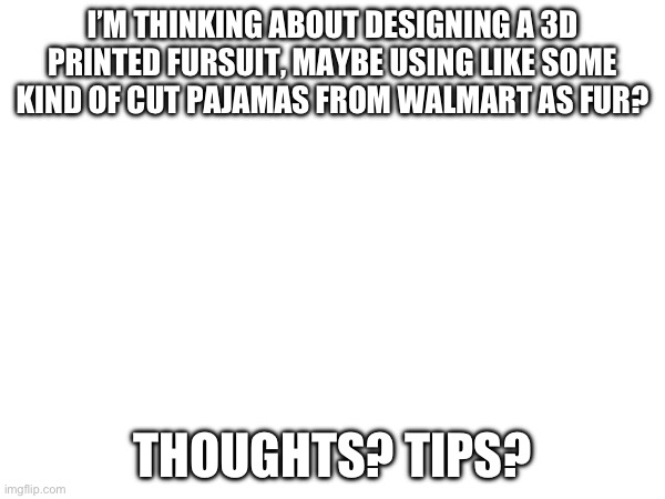 I has no idea what I’m doing :D | I’M THINKING ABOUT DESIGNING A 3D PRINTED FURSUIT, MAYBE USING LIKE SOME KIND OF CUT PAJAMAS FROM WALMART AS FUR? THOUGHTS? TIPS? | made w/ Imgflip meme maker