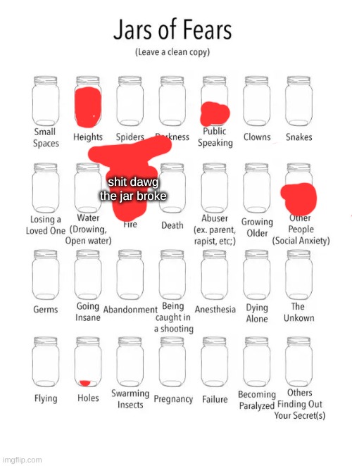 mm yes childhood trauma (of fire) | shit dawg the jar broke | image tagged in jar of fears clear version | made w/ Imgflip meme maker