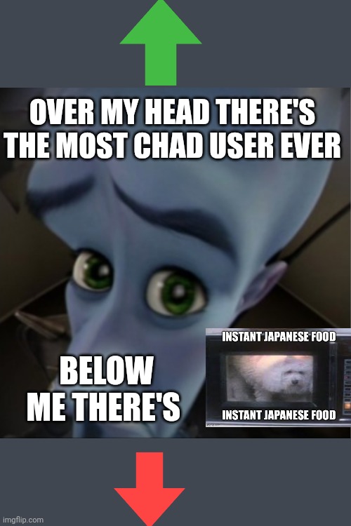 Megamind peeking | OVER MY HEAD THERE'S THE MOST CHAD USER EVER; BELOW ME THERE'S | image tagged in megamind peeking | made w/ Imgflip meme maker