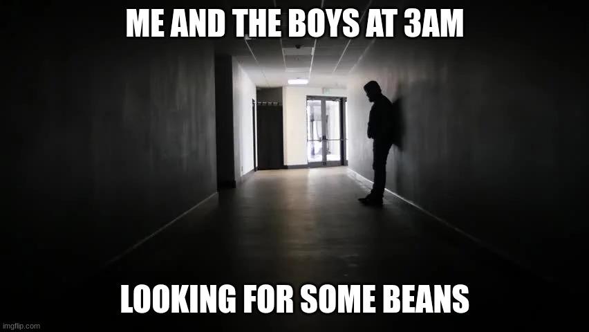 man in hallway | ME AND THE BOYS AT 3AM; LOOKING FOR SOME BEANS | image tagged in man in hallway | made w/ Imgflip meme maker