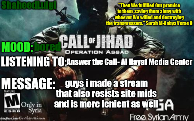 ig it may act as an alternative stream incase this one gets banned. | bored; Answer the Call- Al Hayat Media Center; guys i made a stream that also resists site mids and is more lenient as well | image tagged in shaheedluigi announcement temp | made w/ Imgflip meme maker