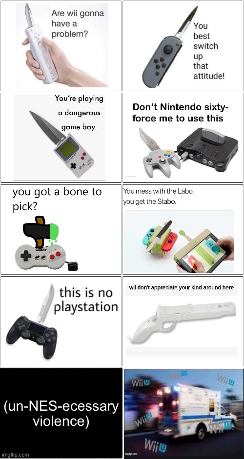 Are Wii Gonna Have A Problem? | (un-NES-ecessary violence) | image tagged in memes,blank comic panel 2x2,blank comic panel 2x1 | made w/ Imgflip meme maker