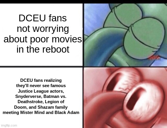 DCEU Reboot gift and curse | DCEU fans not worrying about poor movies in the reboot; DCEU fans realizing they'll never see famous Justice League actors, Snyderverse, Batman vs. Deathstroke, Legion of Doom, and Shazam family meeting Mister Mind and Black Adam | image tagged in squidward sleeping,dc comics,dceu,movies,memes | made w/ Imgflip meme maker