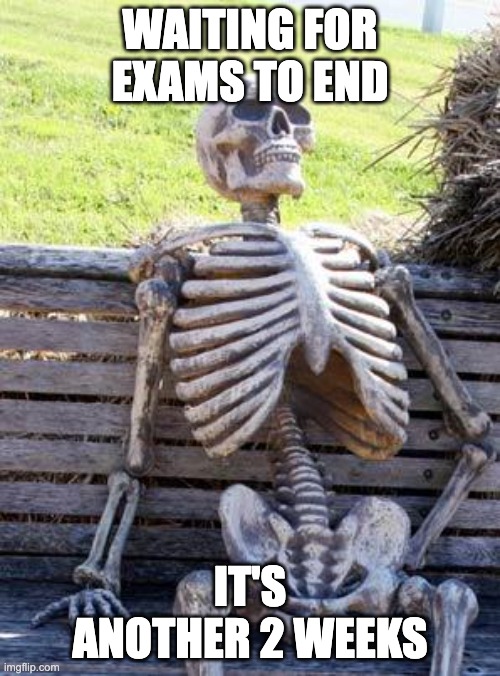 Waiting Skeleton Meme | WAITING FOR EXAMS TO END; IT'S ANOTHER 2 WEEKS | image tagged in memes,waiting skeleton | made w/ Imgflip meme maker