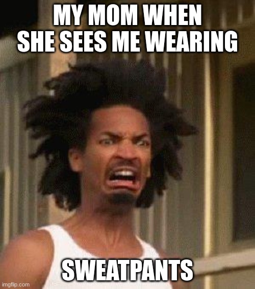 yummy | MY MOM WHEN SHE SEES ME WEARING; SWEATPANTS | image tagged in disgusted face | made w/ Imgflip meme maker