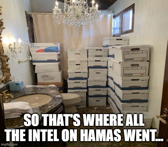 That Damned Bathroom | SO THAT'S WHERE ALL THE INTEL ON HAMAS WENT... | image tagged in trump bathroom boxes | made w/ Imgflip meme maker