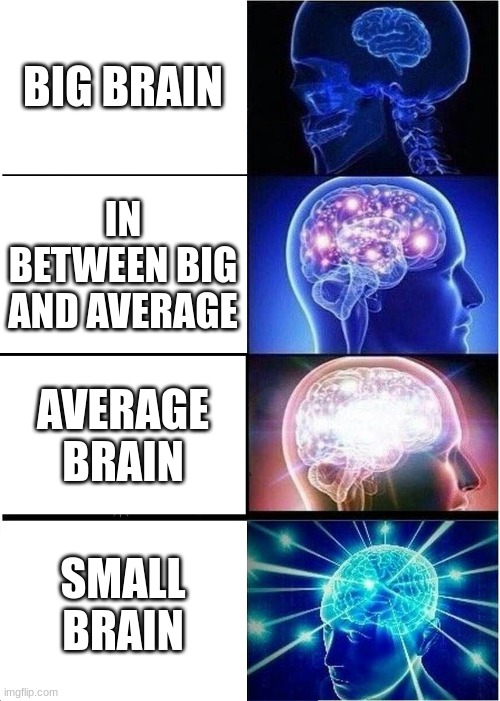 the new big is small | BIG BRAIN; IN BETWEEN BIG AND AVERAGE; AVERAGE BRAIN; SMALL BRAIN | image tagged in memes,expanding brain | made w/ Imgflip meme maker