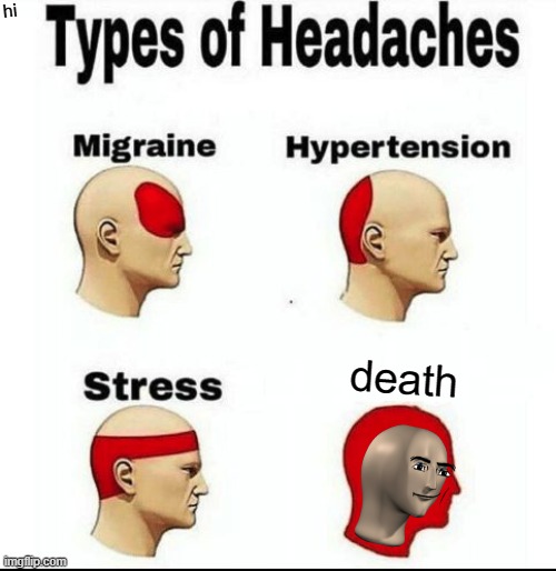 headeath | hi; death | image tagged in types of headaches meme,memes,meme,shit,bullshit | made w/ Imgflip meme maker