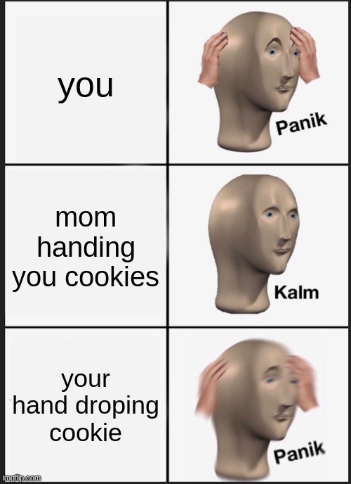 life in a nutshelll | you; mom handing you cookies; your hand droping cookie | image tagged in memes,panik kalm panik | made w/ Imgflip meme maker