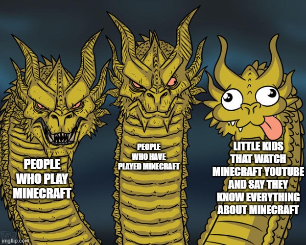 So annoying bruh | LITTLE KIDS THAT WATCH MINECRAFT YOUTUBE AND SAY THEY KNOW EVERYTHING ABOUT MINECRAFT; PEOPLE WHO HAVE PLAYED MINECRAFT; PEOPLE WHO PLAY MINECRAFT | image tagged in three-headed dragon | made w/ Imgflip meme maker