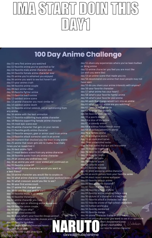 Day 1 | IMA START DOIN THIS
DAY1; NARUTO | image tagged in 100 day anime challenge,anime | made w/ Imgflip meme maker