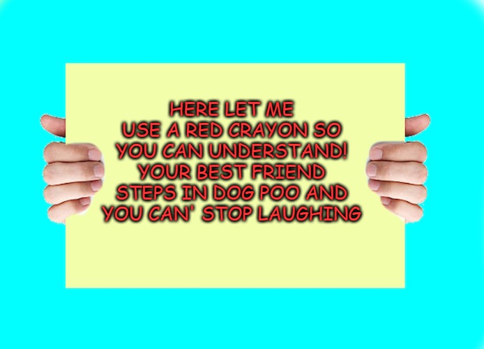 HERE LET ME USE A RED CRAYON SO YOU CAN UNDERSTAND!
YOUR BEST FRIEND STEPS IN DOG POO AND YOU CAN' STOP LAUGHING | image tagged in hands holding sign | made w/ Imgflip meme maker