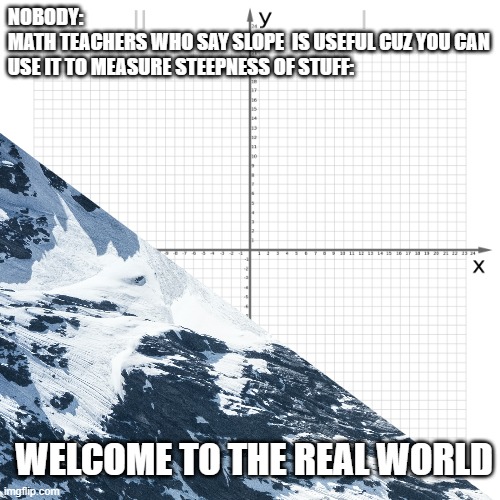 Cartesian Plane | NOBODY:
MATH TEACHERS WHO SAY SLOPE  IS USEFUL CUZ YOU CAN USE IT TO MEASURE STEEPNESS OF STUFF:; WELCOME TO THE REAL WORLD | image tagged in cartesian plane | made w/ Imgflip meme maker