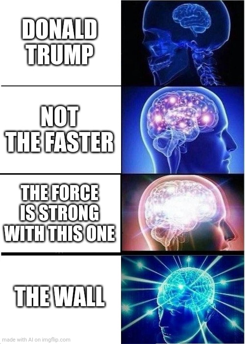 Expanding Brain | DONALD TRUMP; NOT THE FASTER; THE FORCE IS STRONG WITH THIS ONE; THE WALL | image tagged in memes,expanding brain | made w/ Imgflip meme maker