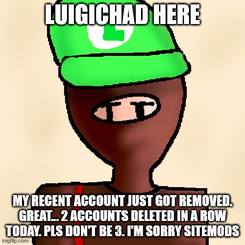 luigichad oc drawn | LUIGICHAD HERE; MY RECENT ACCOUNT JUST GOT REMOVED. GREAT... 2 ACCOUNTS DELETED IN A ROW TODAY. PLS DON'T BE 3. I'M SORRY SITEMODS | image tagged in luigichad oc drawn | made w/ Imgflip meme maker