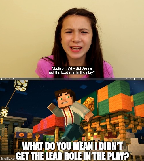 Definitely An Internet Troll | WHAT DO YOU MEAN I DIDN'T GET THE LEAD ROLE IN THE PLAY? | image tagged in minecraft,minecraft story mode,everyday speech,minecraft jesse | made w/ Imgflip meme maker