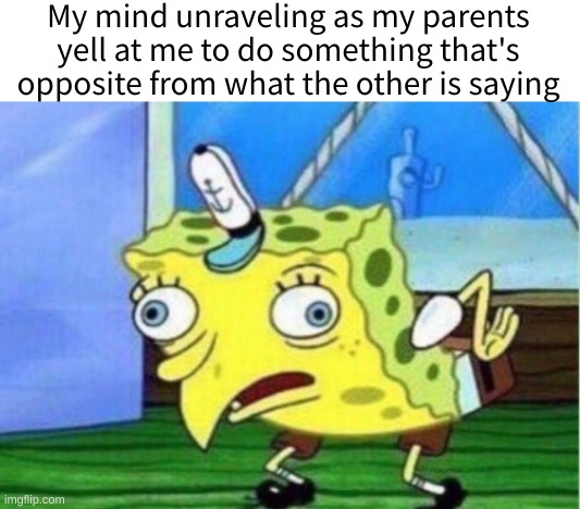 Who do you obey without getting in trouble? | My mind unraveling as my parents yell at me to do something that's opposite from what the other is saying | image tagged in memes,mocking spongebob,going crazy fr,relatable,funny,i never know what to put for tags | made w/ Imgflip meme maker