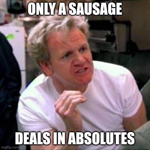 gordon ramsey | ONLY A SAUSAGE; DEALS IN ABSOLUTES | image tagged in gordon ramsey | made w/ Imgflip meme maker