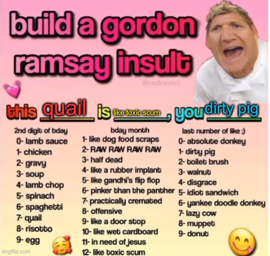 Gordon Ramsey insult | quail; dirty pig; like toxic scum | image tagged in gordon ramsey insult | made w/ Imgflip meme maker
