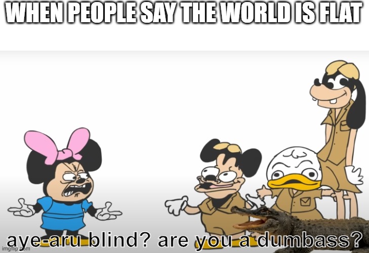 the world is not flat | WHEN PEOPLE SAY THE WORLD IS FLAT; aye-aru blind? are you a dumbass? | image tagged in mokey mouse,flat earth,dumbass,flat earthers,sr pelo | made w/ Imgflip meme maker
