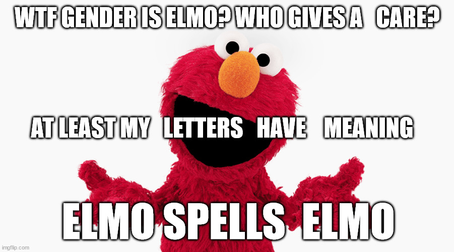 WTF GENDER IS ELMO? WHO GIVES A   CARE? AT LEAST MY   LETTERS   HAVE    MEANING ELMO SPELLS  ELMO | made w/ Imgflip meme maker