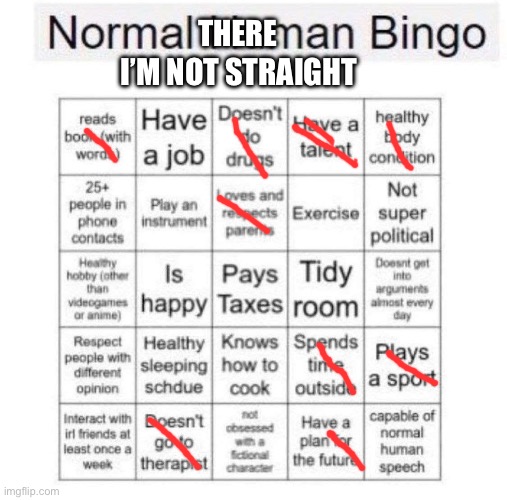 Yay | I’M NOT STRAIGHT; THERE | image tagged in normal human bingo,lgbtq | made w/ Imgflip meme maker