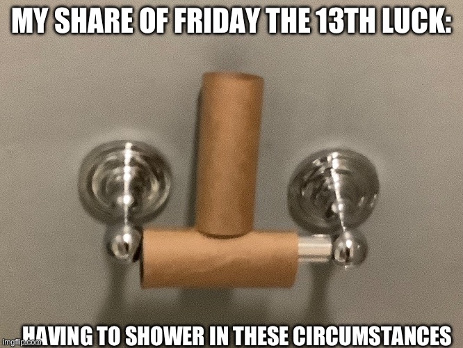 I actually walked in to this | MY SHARE OF FRIDAY THE 13TH LUCK:; HAVING TO SHOWER IN THESE CIRCUMSTANCES | image tagged in friday the 13th,paper roll | made w/ Imgflip meme maker