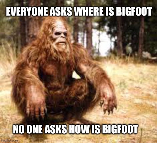Chillin' Bigfoot | EVERYONE ASKS WHERE IS BIGFOOT; NO ONE ASKS HOW IS BIGFOOT | image tagged in chillin' bigfoot | made w/ Imgflip meme maker
