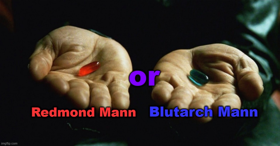 Pick a Mann | or; Redmond Mann; Blutarch Mann | image tagged in red pill blue pill,team fortress 2,tf2,red vs blue | made w/ Imgflip meme maker