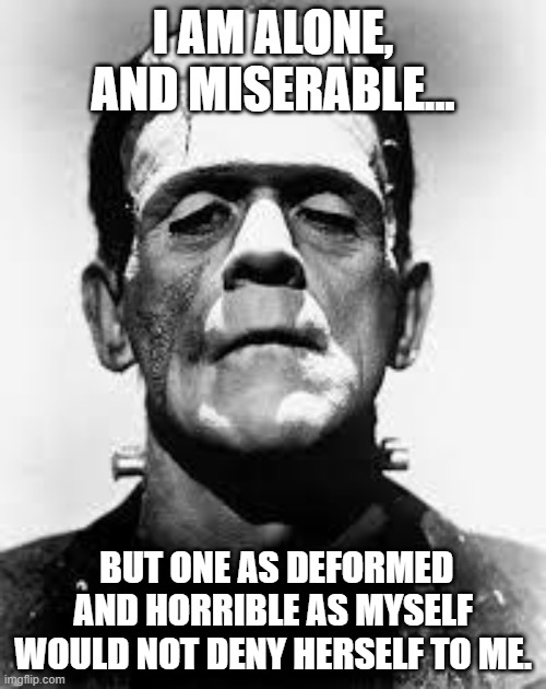 create one as miserable as me | I AM ALONE, AND MISERABLE... BUT ONE AS DEFORMED AND HORRIBLE AS MYSELF WOULD NOT DENY HERSELF TO ME. | image tagged in frankenstein's monster | made w/ Imgflip meme maker