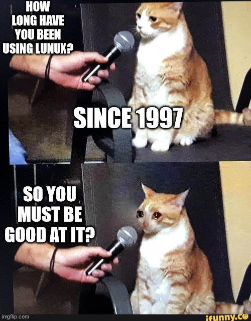 so you must be good at it | HOW LONG HAVE YOU BEEN USING LUNUX? SINCE 1997; SO YOU MUST BE GOOD AT IT? | image tagged in so you must be good at it | made w/ Imgflip meme maker