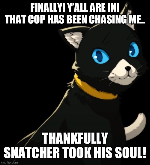 morgana cat | FINALLY! Y’ALL ARE IN! THAT COP HAS BEEN CHASING ME.. THANKFULLY SNATCHER TOOK HIS SOUL! | image tagged in morgana cat | made w/ Imgflip meme maker