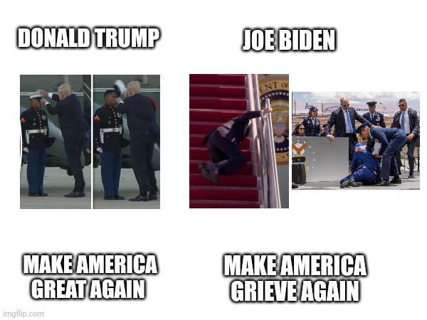 Trump vs Biden | JOE BIDEN; DONALD TRUMP; MAKE AMERICA GREAT AGAIN; MAKE AMERICA GRIEVE AGAIN | image tagged in donald trump,joe biden,memes,true,maga,grief | made w/ Imgflip meme maker
