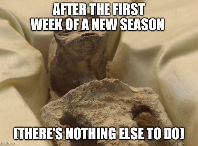 No disrespect intended | AFTER THE FIRST WEEK OF A NEW SEASON; (THERE’S NOTHING ELSE TO DO) | image tagged in dry alien | made w/ Imgflip meme maker