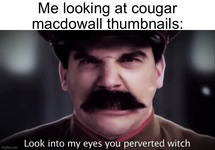 lala: this aint adolf hitler thats joseph stalin! I AM JOSEPH STALIN! | Me looking at cougar macdowall thumbnails: | image tagged in look into my eyes you perverted witch | made w/ Imgflip meme maker