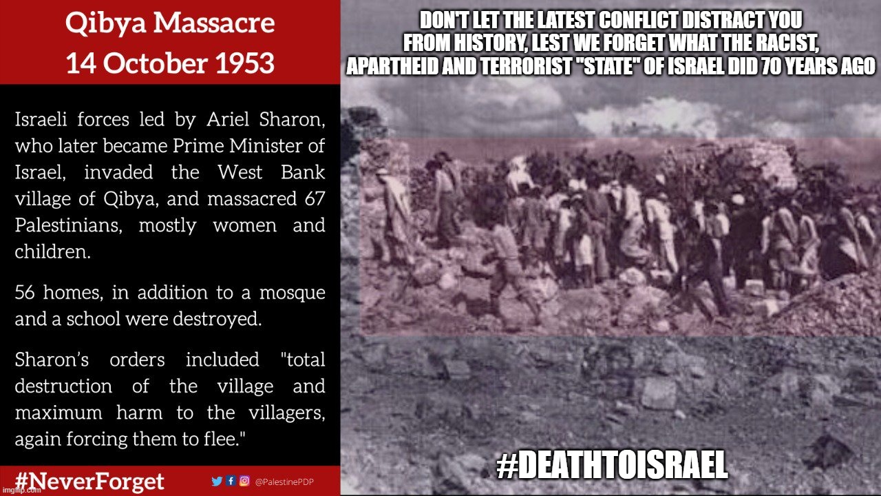 If This Website Really Wants "Peace, Truth and Freedom" Why Can't Simple Facts Like These Reach the Front Page??? | DON'T LET THE LATEST CONFLICT DISTRACT YOU FROM HISTORY, LEST WE FORGET WHAT THE RACIST, APARTHEID AND TERRORIST "STATE" OF ISRAEL DID 70 YEARS AGO; #DEATHTOISRAEL | image tagged in israel,palestine,massacre,terrorism,terrorist,history | made w/ Imgflip meme maker