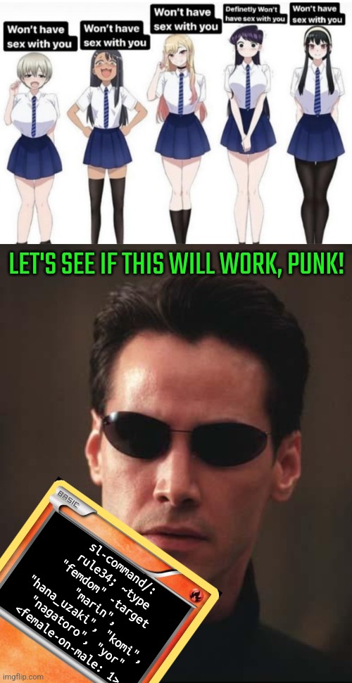 The power of command line tools to Warp reality | LET'S SEE IF THIS WILL WORK, PUNK! sl-command/: rule34; ~type "femdom" -target "marin", "hana_uzaki", "komi", "nagatoro", "yor" <female-on-male: 1> | image tagged in neo matrix keanu reeves | made w/ Imgflip meme maker