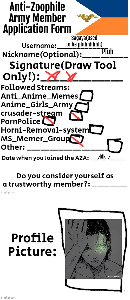I am a moderator | Sagaya(used to be pluhhhhhh); Pluh; Idk | image tagged in anti-zoophile army member application form,pluhh | made w/ Imgflip meme maker