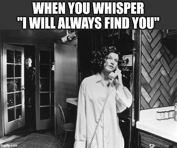 Michael Myers stalker | WHEN YOU WHISPER "I WILL ALWAYS FIND YOU" | image tagged in michael myers stalker | made w/ Imgflip meme maker