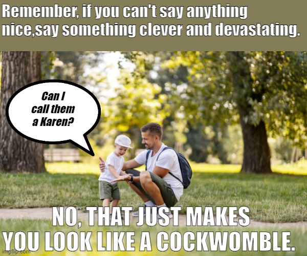 Dad Advice to Son About Karen | Remember, if you can't say anything nice,say something clever and devastating. Can I call them a Karen? NO, THAT JUST MAKES YOU LOOK LIKE A COCKWOMBLE. | image tagged in daddy,child,advice,karen | made w/ Imgflip meme maker