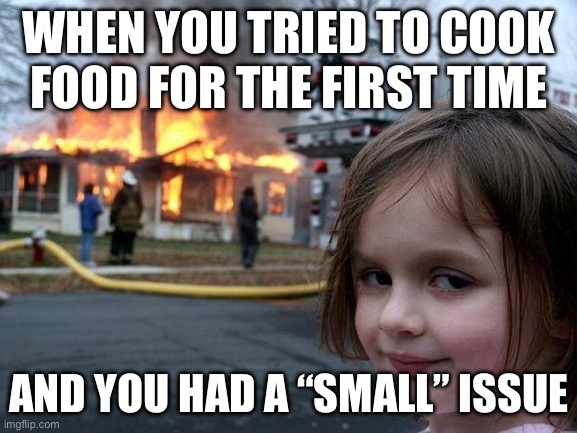 Disaster Girl | WHEN YOU TRIED TO COOK FOOD FOR THE FIRST TIME; AND YOU HAD A “SMALL” ISSUE | image tagged in memes,disaster girl | made w/ Imgflip meme maker