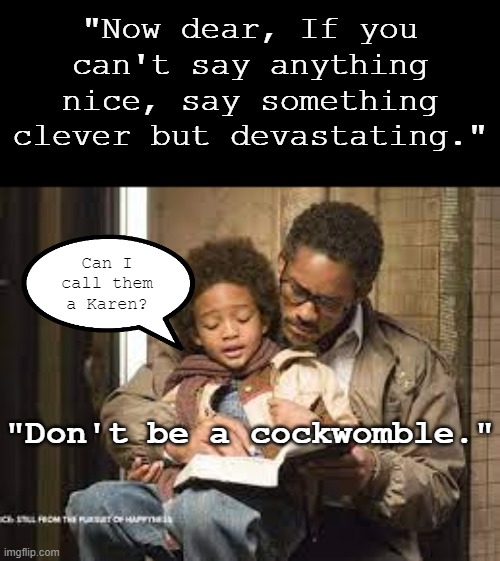 Can I call them a Karen? | "Now dear, If you can't say anything nice, say something clever but devastating."; Can I call them a Karen? "Don't be a cockwomble." | image tagged in karen,will smith | made w/ Imgflip meme maker