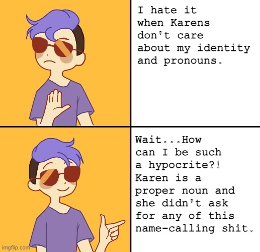 Non Binary Enlightened Hypocrite | I hate it when Karens don't care about my identity and pronouns. Wait...How can I be such a hypocrite?! 
Karen is a proper noun and she didn't ask for any of this name-calling shit. | image tagged in non-binary drake meme,non binary,karen | made w/ Imgflip meme maker