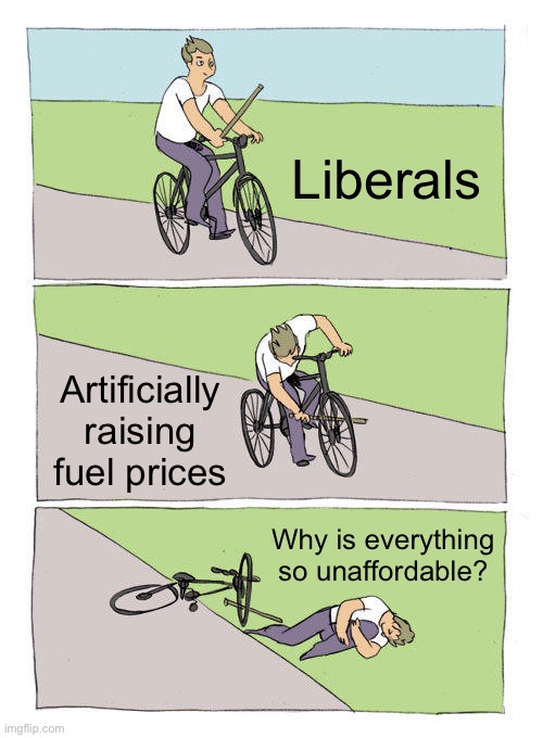 Liberals ruin everything they touch | Liberals; Artificially raising fuel prices; Why is everything so unaffordable? | image tagged in memes,bike fall,libtards | made w/ Imgflip meme maker