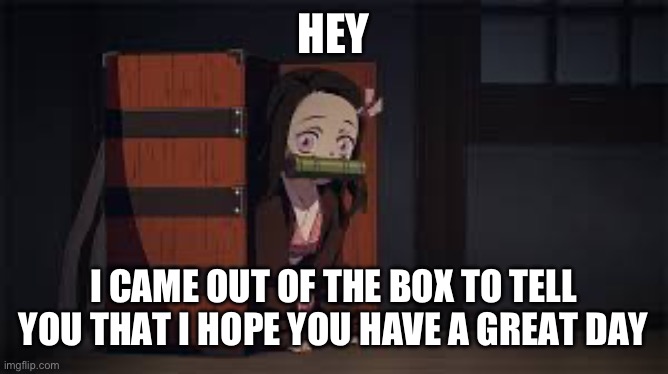 Demon Slayer Nezuko | HEY; I CAME OUT OF THE BOX TO TELL YOU THAT I HOPE YOU HAVE A GREAT DAY | image tagged in demon slayer nezuko | made w/ Imgflip meme maker