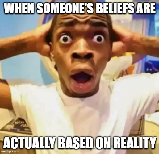 Shocked black guy | WHEN SOMEONE'S BELIEFS ARE ACTUALLY BASED ON REALITY | image tagged in shocked black guy | made w/ Imgflip meme maker